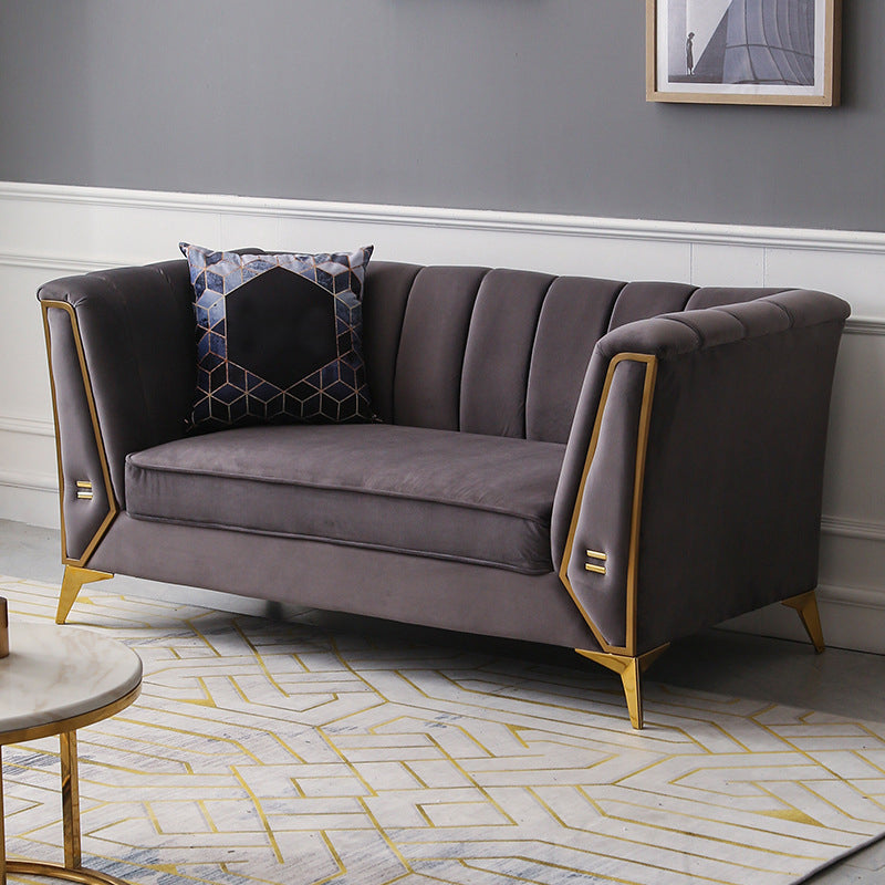 29.5"H Velvet/ Faux Leather Sewn Pillow Back Tuxedo Arm Sofa for Living Room Grey 29.5"H x 60"L x 29.5"W Velvet Clearhalo 'Furniture' 'furniture_sofas' 'Living Room Furniture' 'Sofa' 'sofas' 5072613