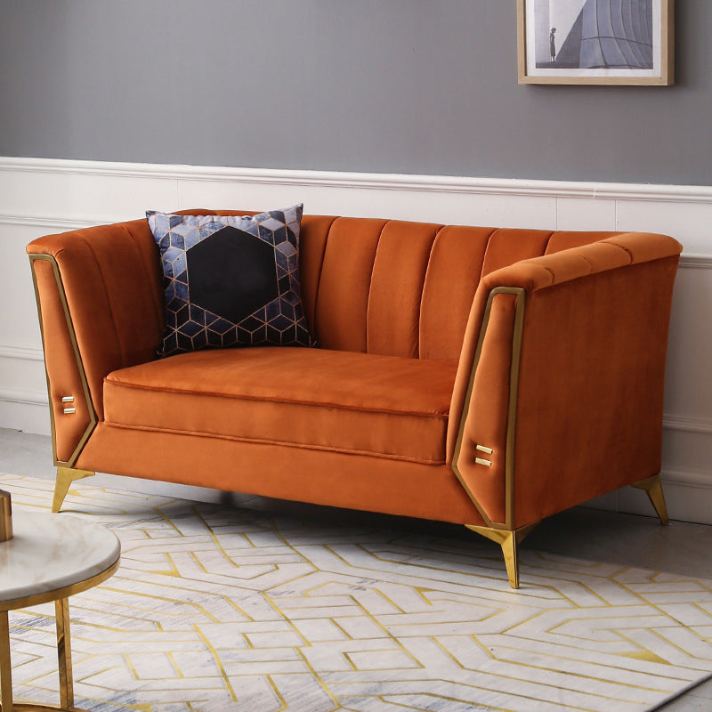 29.5"H Velvet/ Faux Leather Sewn Pillow Back Tuxedo Arm Sofa for Living Room Orange 29.5"H x 60"L x 29.5"W Velvet Clearhalo 'Furniture' 'furniture_sofas' 'Living Room Furniture' 'Sofa' 'sofas' 5072614