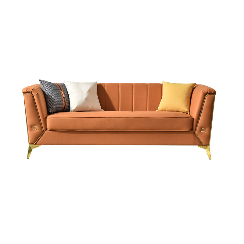 29.5"H Velvet/ Faux Leather Sewn Pillow Back Tuxedo Arm Sofa for Living Room Orange 29.5"H x 77"L x 29.5"W Velvet Clearhalo 'Furniture' 'furniture_sofas' 'Living Room Furniture' 'Sofa' 'sofas' 5072617