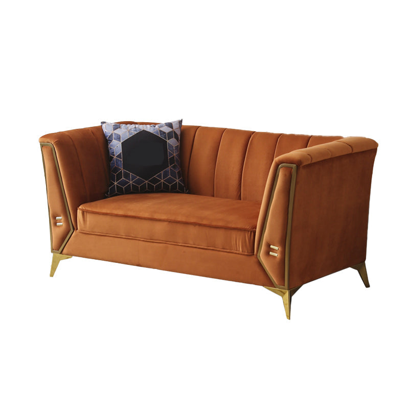 29.5"H Velvet/ Faux Leather Sewn Pillow Back Tuxedo Arm Sofa for Living Room Orange 29.5"H x 60"L x 29.5"W Faux Leather Clearhalo 'Furniture' 'furniture_sofas' 'Living Room Furniture' 'Sofa' 'sofas' 5072619