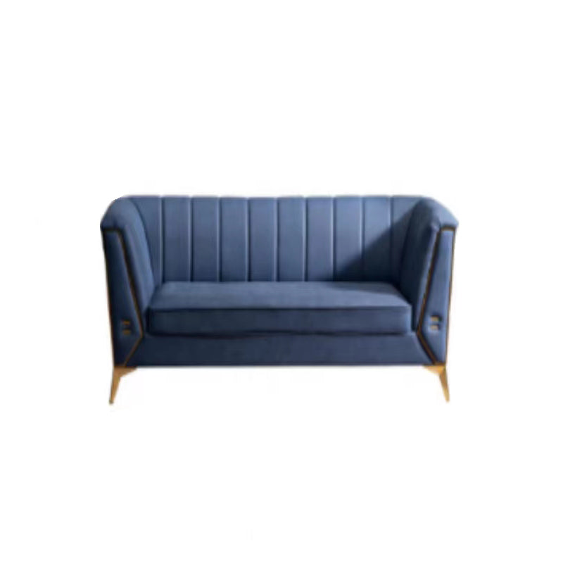 29.5"H Velvet/ Faux Leather Sewn Pillow Back Tuxedo Arm Sofa for Living Room Blue 29.5"H x 60"L x 29.5"W Faux Leather Clearhalo 'Furniture' 'furniture_sofas' 'Living Room Furniture' 'Sofa' 'sofas' 5072623