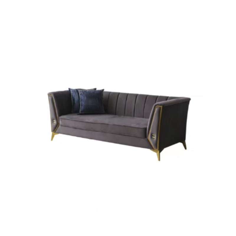 29.5"H Velvet/ Faux Leather Sewn Pillow Back Tuxedo Arm Sofa for Living Room Grey 29.5"H x 77"L x 29.5"W Velvet Clearhalo 'Furniture' 'furniture_sofas' 'Living Room Furniture' 'Sofa' 'sofas' 5072625