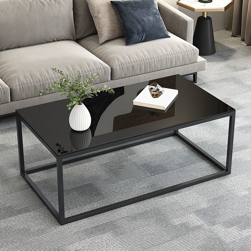 17.7" Tall Modern Steel Frame Base Glass Rectangular Table Top Coffee Table Black Black Clearhalo 'Coffee & Accent Tables' 'Coffee Tables' 'coffee_tables' 'furn' 'furn_coffee_tables' 'Furniture' 'furniture_coffee_tables' 'Living Room Furniture' 5072890
