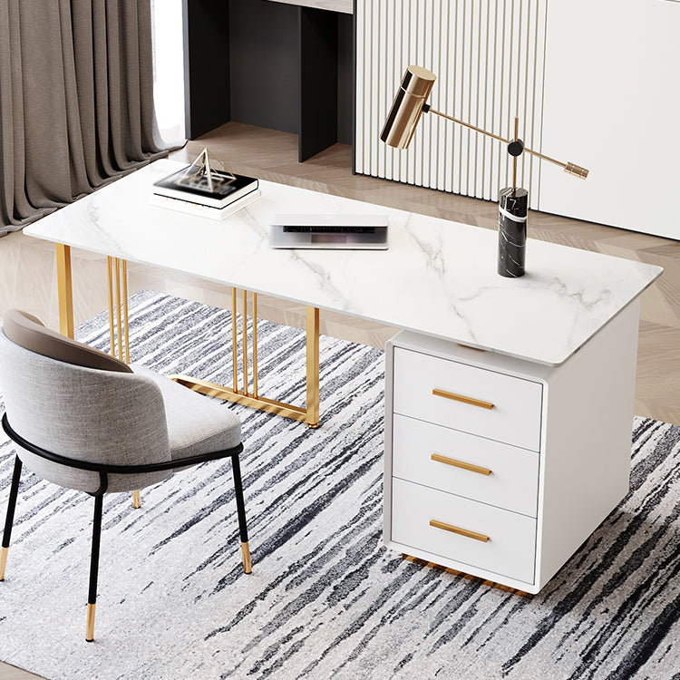 Glam 3-drawer Office Desk Rectangular Sintered Stone Home Desk Clearhalo 'furn' 'furn_office_desk' 'Furniture' 'furniture_office_desk' 'Office Desks' 'Office Furniture' 'office_desk' 5074444