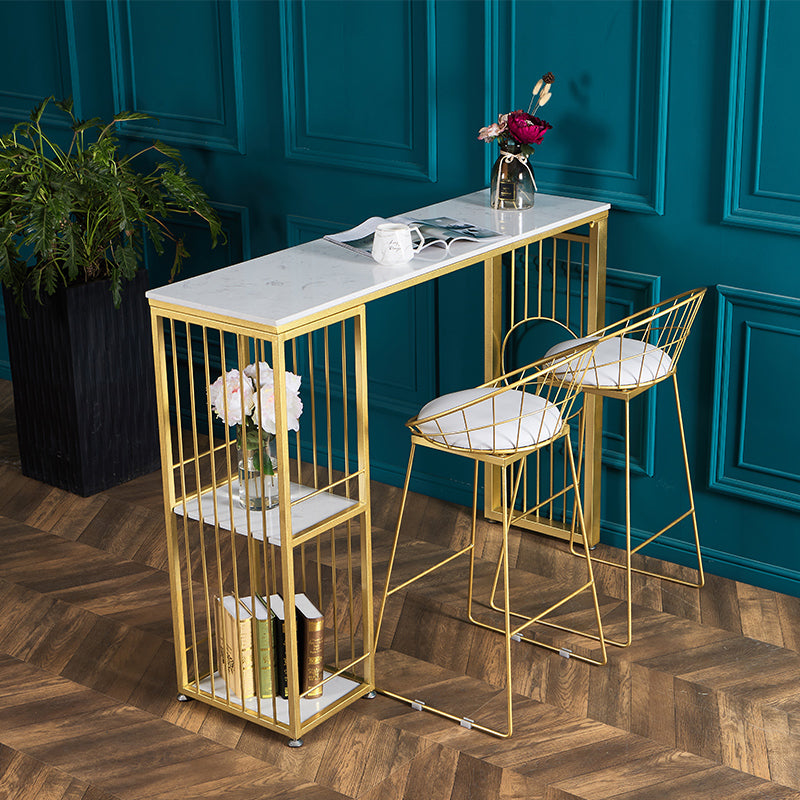 Stone Bar Dining Table Glam Rectangle Bar Table with Double Pedestal for Dessert Shop 63"L x 15.7"W x 41.3"H Without Chairs Clearhalo 'Bar Furniture' 'Bar Tables' 'bar_tables' 'furn' 'furn_bar_tables' 'Furniture' 'furniture_bar_tables' 'Kitchen & Dining Furniture' 5080169