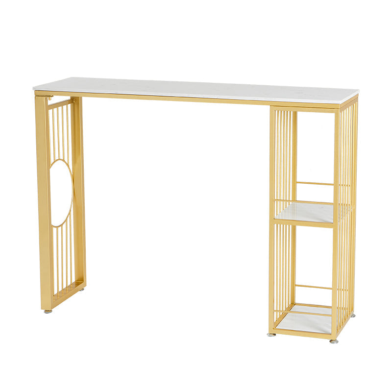 Stone Bar Dining Table Glam Rectangle Bar Table with Double Pedestal for Dessert Shop 39.4"L x 15.7"W x 41.3"H Without Chairs Clearhalo 'Bar Furniture' 'Bar Tables' 'bar_tables' 'furn' 'furn_bar_tables' 'Furniture' 'furniture_bar_tables' 'Kitchen & Dining Furniture' 5080172