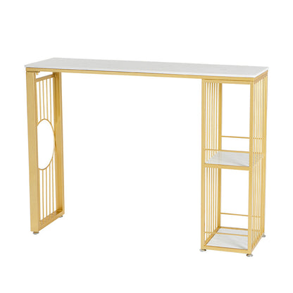 Stone Bar Dining Table Glam Rectangle Bar Table with Double Pedestal for Dessert Shop 39.4"L x 15.7"W x 41.3"H Without Chairs Clearhalo 'Bar Furniture' 'Bar Tables' 'bar_tables' 'furn' 'furn_bar_tables' 'Furniture' 'furniture_bar_tables' 'Kitchen & Dining Furniture' 5080172