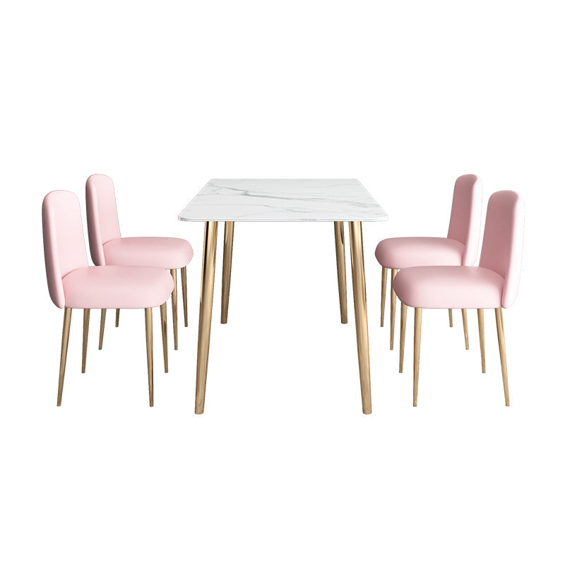 Glam Iron Dining Table Set 1/2/5 Pieces Dinette Set with Rectangle Sintered Stone Top 5 Pieces: Table, 4 Light Pink Chairs Clearhalo 'Dining Room Sets' 'Dining Tables & Seating' 'dining_room_set' 'furn' 'furn_dining_room_set' 'Furniture' 'furniture_dining_room_set' 'Kitchen & Dining Furniture' 5081025