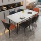 Modern Rectangle Dinette Set 1/2/5/7 Pieces Sintered Stone Top Dining Table Set 7 Pieces: Table, 4 Blue+2 Orange Chairs Clearhalo 'Dining Room Sets' 'Dining Tables & Seating' 'dining_room_set' 'furn' 'furn_dining_room_set' 'Furniture' 'furniture_dining_room_set' 'Kitchen & Dining Furniture' 5081137
