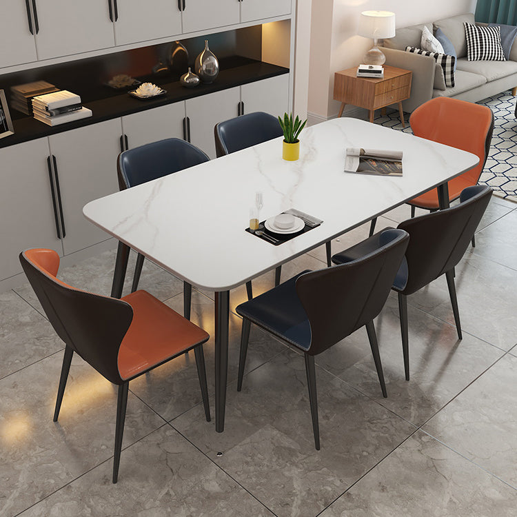 Modern Rectangle Dinette Set 1/2/5/7 Pieces Sintered Stone Top Dining Table Set 7 Pieces: Table, 4 Blue+2 Orange Chairs Clearhalo 'Dining Room Sets' 'Dining Tables & Seating' 'dining_room_set' 'furn' 'furn_dining_room_set' 'Furniture' 'furniture_dining_room_set' 'Kitchen & Dining Furniture' 5081137