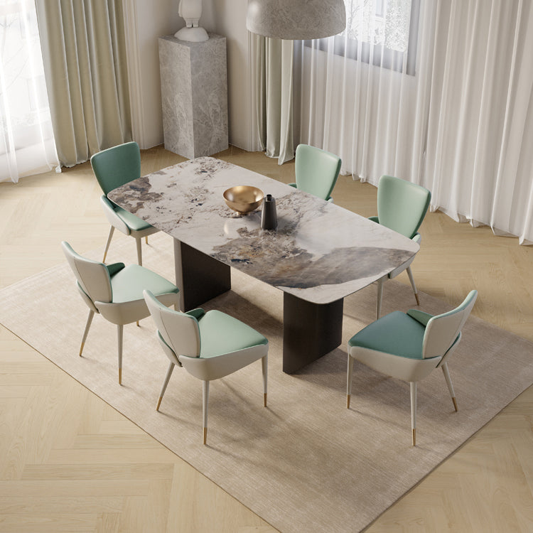Modern Rectangle Dining Table Set 1/4/5/7 Pieces Sintered Stone Top Dinette Set 7 Pieces: White Table, 6 Green Chairs Clearhalo 'Dining Room Sets' 'Dining Tables & Seating' 'dining_room_set' 'furn' 'furn_dining_room_set' 'Furniture' 'furniture_dining_room_set' 'Kitchen & Dining Furniture' 5081159