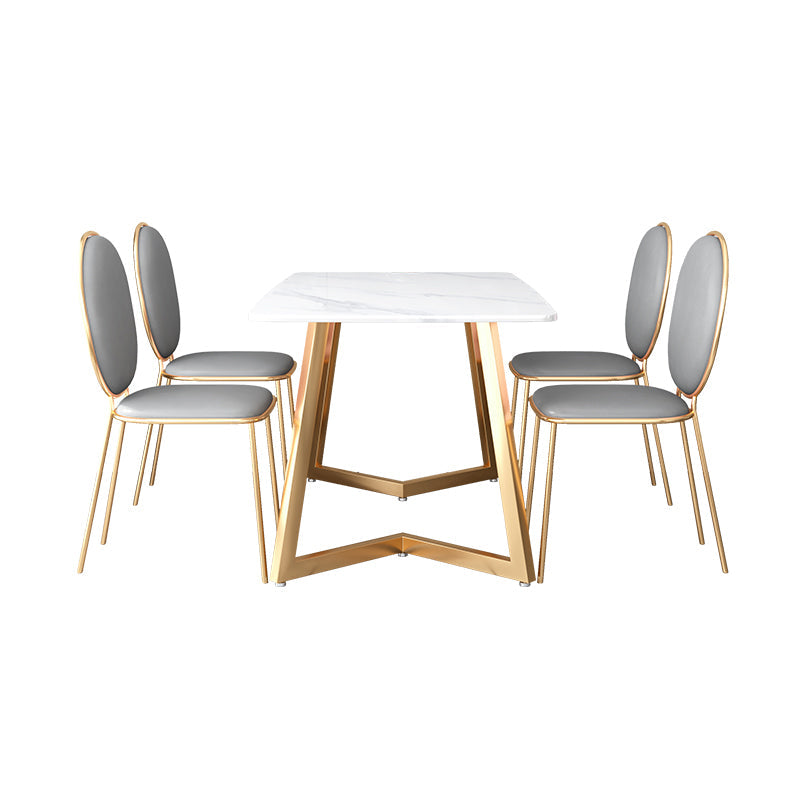 Glam Iron Dinette Set 1/2/5 Pieces Rectangle Dining Table Set with White Sintered Stone 5 Pieces: Table, 4 Grey Chairs Clearhalo 'Dining Room Sets' 'Dining Tables & Seating' 'dining_room_set' 'furn' 'furn_dining_room_set' 'Furniture' 'furniture_dining_room_set' 'Kitchen & Dining Furniture' 5081215