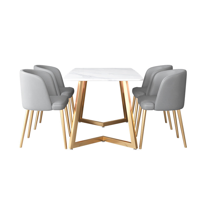 Glam Iron Dinette Set 1/2/5 Pieces Rectangle Dining Table Set with White Sintered Stone 5 Pieces: Table, 4 Light Gray Chairs Clearhalo 'Dining Room Sets' 'Dining Tables & Seating' 'dining_room_set' 'furn' 'furn_dining_room_set' 'Furniture' 'furniture_dining_room_set' 'Kitchen & Dining Furniture' 5081219