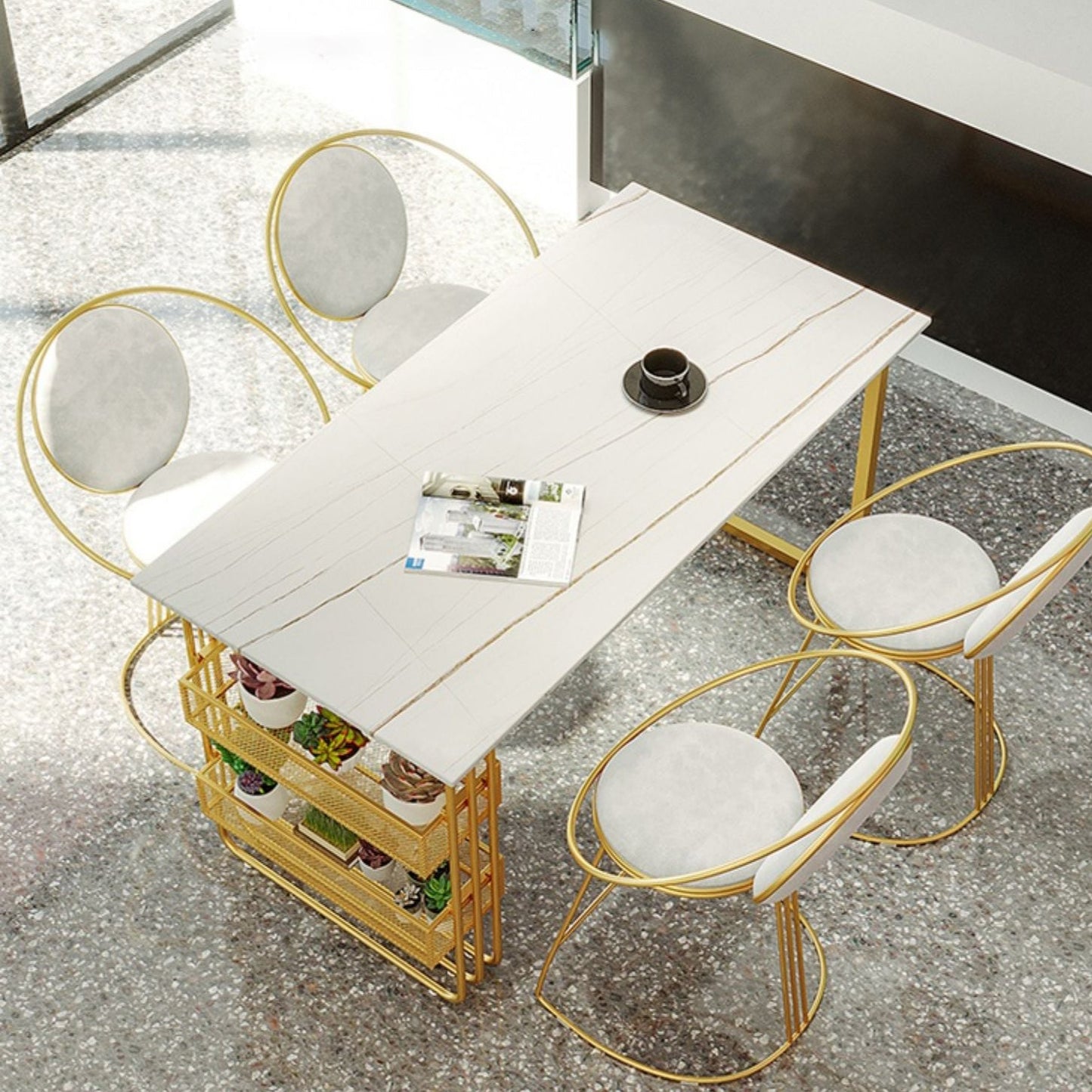 Traditional Luxury Dining Table Metal Double Gold Pedestal Table with Storage Clearhalo 'Dining Tables & Seating' 'Dining Tables' 'dining_table' 'furn' 'furn_dining_table' 'Furniture' 'furniture_dining_table' 'Kitchen & Dining Furniture' 5081393