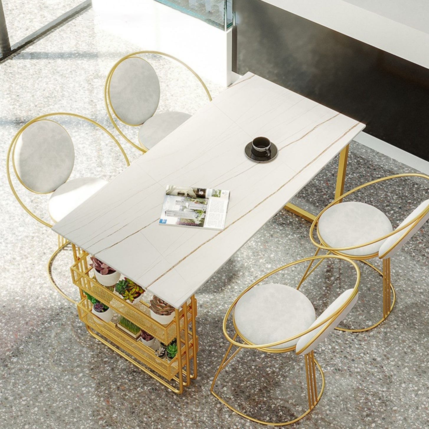 Traditional Luxury Dining Table Metal Double Gold Pedestal Table with Storage Clearhalo 'Dining Tables & Seating' 'Dining Tables' 'dining_table' 'furn' 'furn_dining_table' 'Furniture' 'furniture_dining_table' 'Kitchen & Dining Furniture' 5081393