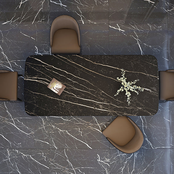 Rectangle Trestle Counter Luxury Table Black Fixed Table of Sintered Stone 63"L x 35.4"W x 29.5"H Without Chairs Clearhalo 'Dining Tables & Seating' 'Dining Tables' 'dining_table' 'furn' 'furn_dining_table' 'Furniture' 'furniture_dining_table' 'Kitchen & Dining Furniture' 5081400