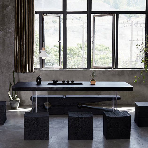 Black Modern Double Pedestal Table Rectangle Pine Solid Wood Top Dining table Clearhalo 'Dining Tables & Seating' 'Dining Tables' 'dining_table' 'furn' 'furn_dining_table' 'Furniture' 'furniture_dining_table' 'Kitchen & Dining Furniture' 5081565