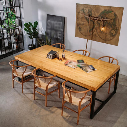 Industrial Rectangle Dining Room Table Natural Solid Wood Trestle Base Dining Table Without Chairs Clearhalo 'Dining Tables & Seating' 'Dining Tables' 'dining_table' 'furn' 'furn_dining_table' 'Furniture' 'furniture_dining_table' 'Kitchen & Dining Furniture' 5081776