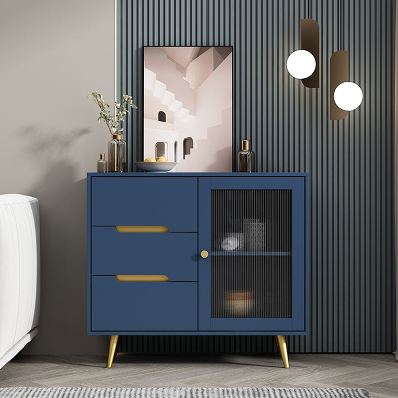 3-Drawer Engineered Wood Sideboard Modern Glass Doors Cabinets Credenza for Living Room 35"L x 16"W x 31"H Blue Clearhalo 'buffet_sideboard' 'Buffets & Sideboards' 'furn' 'furn_buffet_sideboard' 'Furniture' 'furniture_buffet_sideboard' 'Kitchen & Dining Furniture' 5082613