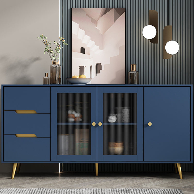 3-Drawer Engineered Wood Sideboard Modern Glass Doors Cabinets Credenza for Living Room 63"L x 16"W x 31"H Blue Clearhalo 'buffet_sideboard' 'Buffets & Sideboards' 'furn' 'furn_buffet_sideboard' 'Furniture' 'furniture_buffet_sideboard' 'Kitchen & Dining Furniture' 5082617