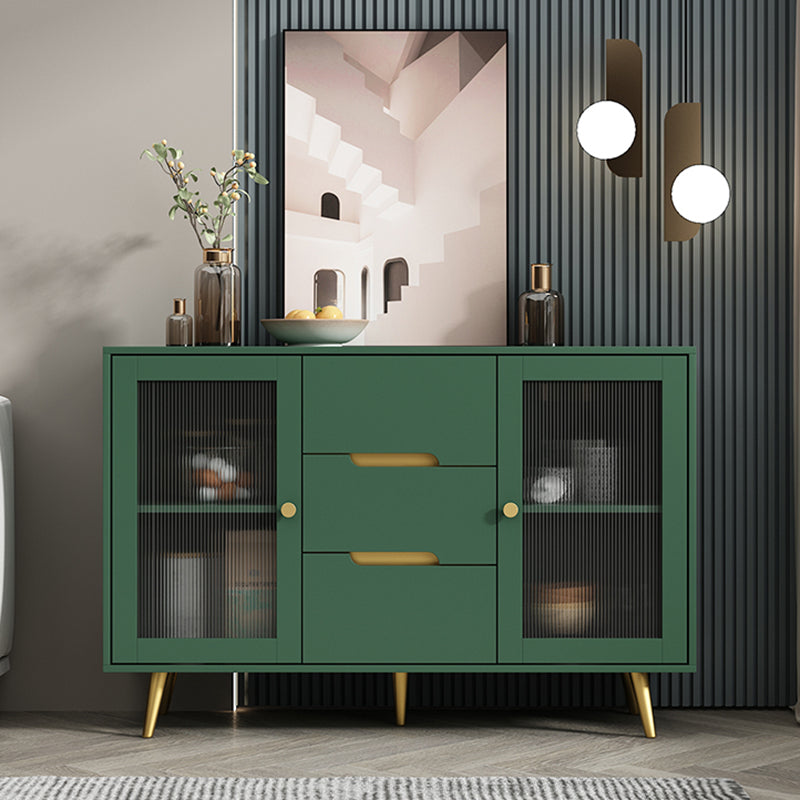 3-Drawer Engineered Wood Sideboard Modern Glass Doors Cabinets Credenza for Living Room 47"L x 16"W x 31"H Green Clearhalo 'buffet_sideboard' 'Buffets & Sideboards' 'furn' 'furn_buffet_sideboard' 'Furniture' 'furniture_buffet_sideboard' 'Kitchen & Dining Furniture' 5082620
