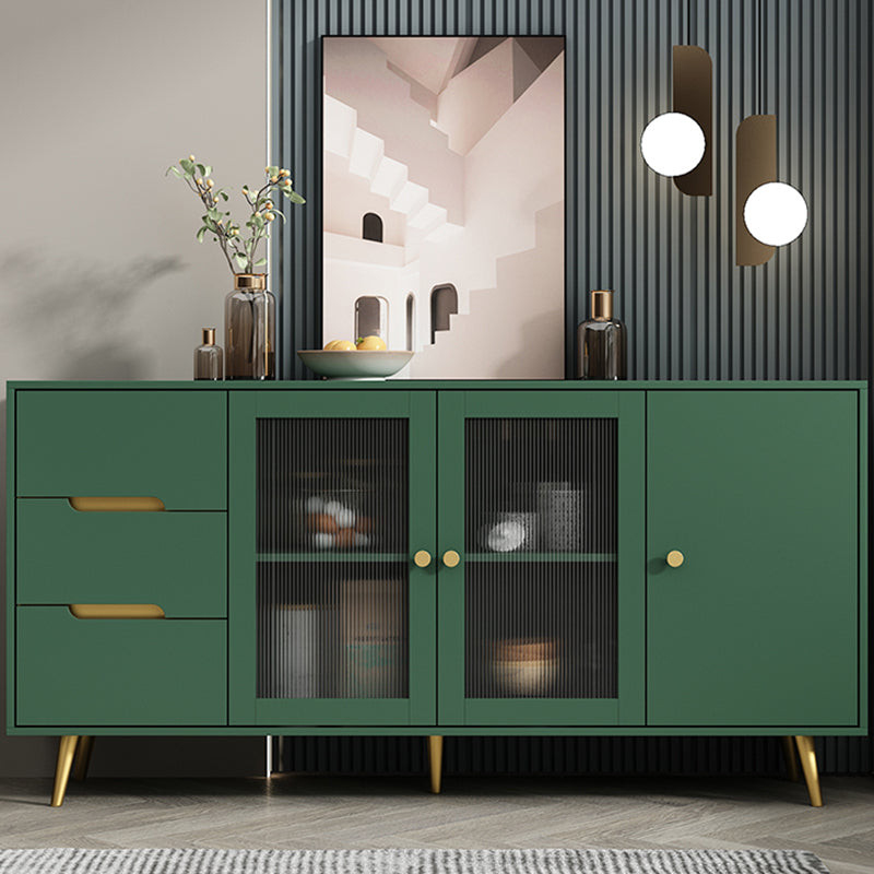 3-Drawer Engineered Wood Sideboard Modern Glass Doors Cabinets Credenza for Living Room 63"L x 16"W x 31"H Green Clearhalo 'buffet_sideboard' 'Buffets & Sideboards' 'furn' 'furn_buffet_sideboard' 'Furniture' 'furniture_buffet_sideboard' 'Kitchen & Dining Furniture' 5082622