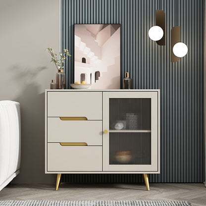 3-Drawer Engineered Wood Sideboard Modern Glass Doors Cabinets Credenza for Living Room 35"L x 16"W x 31"H Champagne Clearhalo 'buffet_sideboard' 'Buffets & Sideboards' 'furn' 'furn_buffet_sideboard' 'Furniture' 'furniture_buffet_sideboard' 'Kitchen & Dining Furniture' 5082624