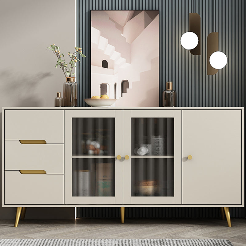 3-Drawer Engineered Wood Sideboard Modern Glass Doors Cabinets Credenza for Living Room 63"L x 16"W x 31"H Champagne Clearhalo 'buffet_sideboard' 'Buffets & Sideboards' 'furn' 'furn_buffet_sideboard' 'Furniture' 'furniture_buffet_sideboard' 'Kitchen & Dining Furniture' 5082629