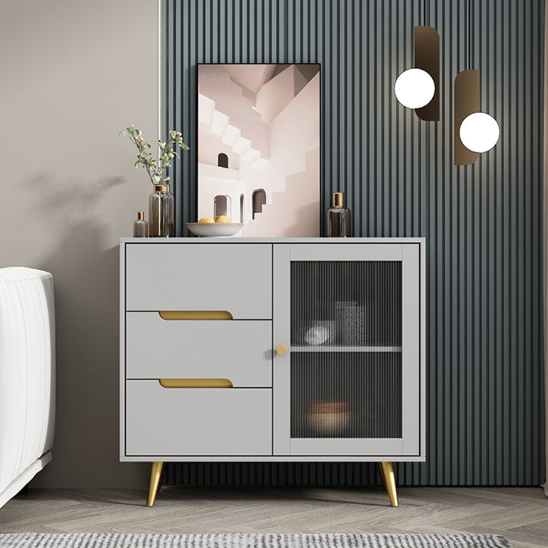 3-Drawer Engineered Wood Sideboard Modern Glass Doors Cabinets Credenza for Living Room 35"L x 16"W x 31"H Light Gray Clearhalo 'buffet_sideboard' 'Buffets & Sideboards' 'furn' 'furn_buffet_sideboard' 'Furniture' 'furniture_buffet_sideboard' 'Kitchen & Dining Furniture' 5082634