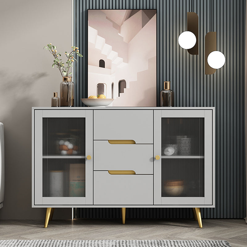 3-Drawer Engineered Wood Sideboard Modern Glass Doors Cabinets Credenza for Living Room 47"L x 16"W x 31"H Light Gray Clearhalo 'buffet_sideboard' 'Buffets & Sideboards' 'furn' 'furn_buffet_sideboard' 'Furniture' 'furniture_buffet_sideboard' 'Kitchen & Dining Furniture' 5082635