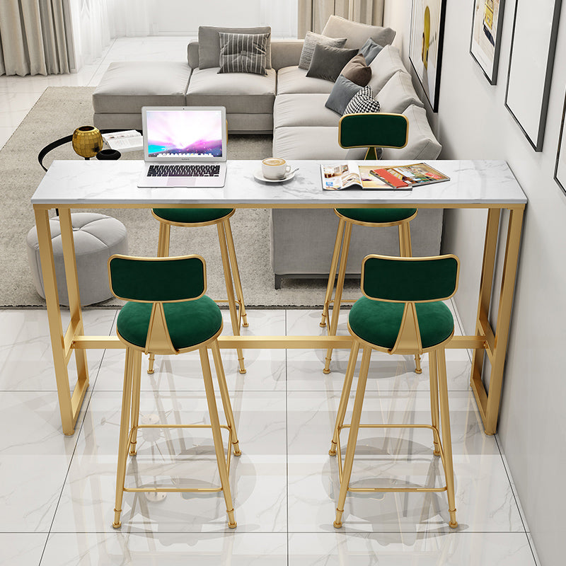 Rectangle Bistro Bar Height Cocktail Table Marble Footrest Indoor Bar Table in Gold 78.7"L x 15.7"W x 41.3"H White-Gold Without Chairs Clearhalo 'Bar Furniture' 'Bar Tables' 'bar_tables' 'furn' 'furn_bar_tables' 'Furniture' 'furniture_bar_tables' 'Kitchen & Dining Furniture' 5085227