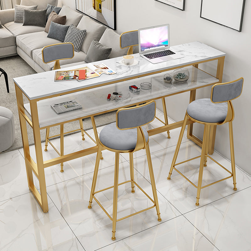 Rectangle Bistro Bar Height Cocktail Table Marble Footrest Indoor Bar Table in Gold 70.9"L x 15.7"W x 41.3"H Gold-White Without Chairs Clearhalo 'Bar Furniture' 'Bar Tables' 'bar_tables' 'furn' 'furn_bar_tables' 'Furniture' 'furniture_bar_tables' 'Kitchen & Dining Furniture' 5085229