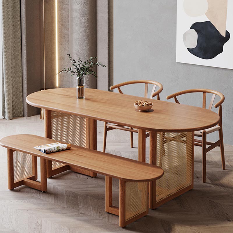 Modern Dining Table Solid Wood Top Dining Table with Double Rattan Base for Living Room Oval Without Chairs Clearhalo 'Dining Tables & Seating' 'Dining Tables' 'dining_table' 'furn' 'furn_dining_table' 'Furniture' 'furniture_dining_table' 'Kitchen & Dining Furniture' 5085861
