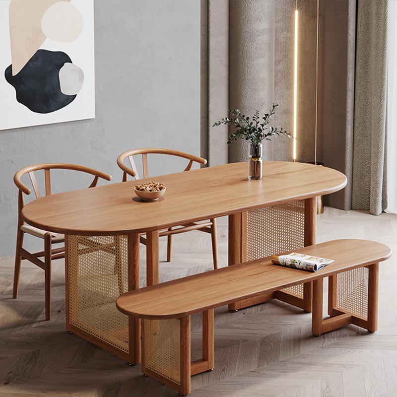 Modern Dining Table Solid Wood Top Dining Table with Double Rattan Base for Living Room Clearhalo 'Dining Tables & Seating' 'Dining Tables' 'dining_table' 'furn' 'furn_dining_table' 'Furniture' 'furniture_dining_table' 'Kitchen & Dining Furniture' 5085872