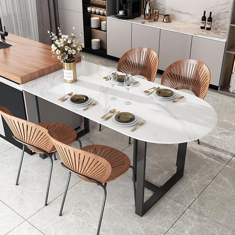 Modern White Stone Top Dinette Table Black Base Dining Table for Living Room Free Form 55.1"L x 31.5"W x 29.5"H Without Chairs Clearhalo 'Dining Tables & Seating' 'Dining Tables' 'dining_table' 'furn' 'furn_dining_table' 'Furniture' 'furniture_dining_table' 'Kitchen & Dining Furniture' 5085916