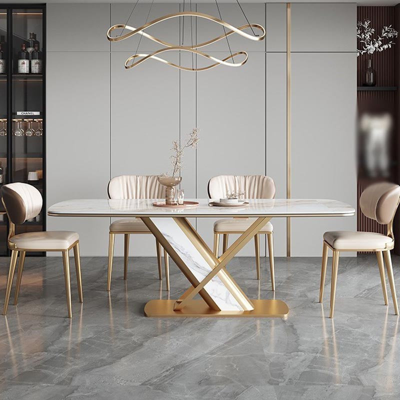 Traditional Luxury Stone Dining Table Gold Pedestal Casual Dining Table Gold 63"L x 35.4"W x 29.5"H Without Chairs Clearhalo 'Dining Tables & Seating' 'Dining Tables' 'dining_table' 'furn' 'furn_dining_table' 'Furniture' 'furniture_dining_table' 'Kitchen & Dining Furniture' 5085936