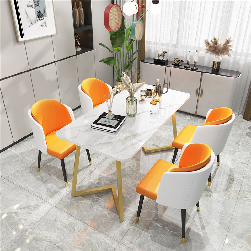 Modern Rectangle Dining Site Table Steel Double Pedestal Table with Stone Top Gold 55.1"L x 31.5"W x 29.5"H Without Chairs Clearhalo 'Dining Tables & Seating' 'Dining Tables' 'dining_table' 'furn' 'furn_dining_table' 'Furniture' 'furniture_dining_table' 'Kitchen & Dining Furniture' 5085973