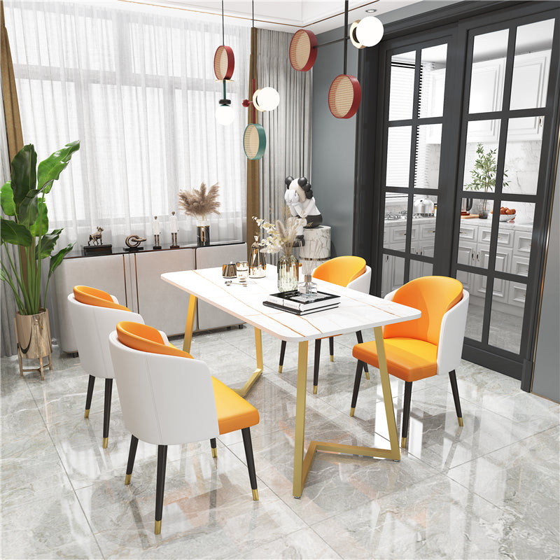 Modern Rectangle Dining Site Table Steel Double Pedestal Table with Stone Top Gold 63"L x 31.5"W x 29.5"H Without Chairs Clearhalo 'Dining Tables & Seating' 'Dining Tables' 'dining_table' 'furn' 'furn_dining_table' 'Furniture' 'furniture_dining_table' 'Kitchen & Dining Furniture' 5085976