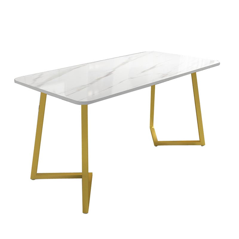 Modern Rectangle Dining Site Table Steel Double Pedestal Table with Stone Top Gold Without Chairs Clearhalo 'Dining Tables & Seating' 'Dining Tables' 'dining_table' 'furn' 'furn_dining_table' 'Furniture' 'furniture_dining_table' 'Kitchen & Dining Furniture' 5085977