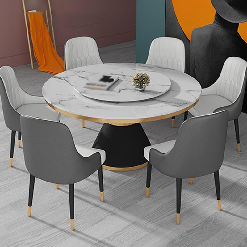 White Marble Top Dining Site Table Traditional Luxury Round Pedestal Table White Gold 47.2"L x 47.2"W x 29.5"H Without Chairs Clearhalo 'Dining Tables & Seating' 'Dining Tables' 'dining_table' 'furn' 'furn_dining_table' 'Furniture' 'furniture_dining_table' 'Kitchen & Dining Furniture' 5086006