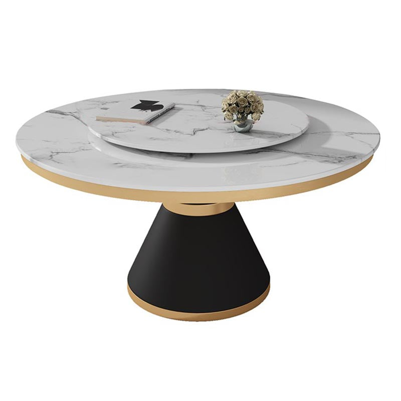 White Marble Top Dining Site Table Traditional Luxury Round Pedestal Table White Gold 53.1"L x 53.1"W x 29.5"H Without Chairs Clearhalo 'Dining Tables & Seating' 'Dining Tables' 'dining_table' 'furn' 'furn_dining_table' 'Furniture' 'furniture_dining_table' 'Kitchen & Dining Furniture' 5086016