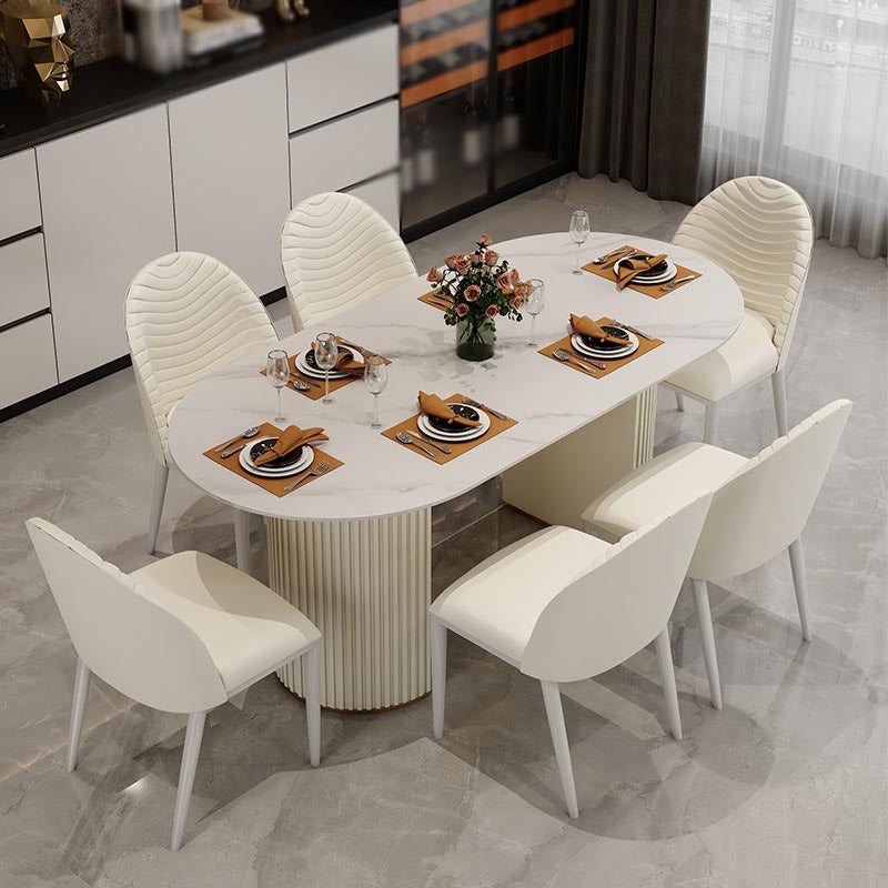 Contemporary Oval Dining Table Stone and Metal Double Pedestal Dining Table in White White 55.1"L x 31.5"W x 29.5"H Without Chairs Clearhalo 'Dining Tables & Seating' 'Dining Tables' 'dining_table' 'furn' 'furn_dining_table' 'Furniture' 'furniture_dining_table' 'Kitchen & Dining Furniture' 5086037