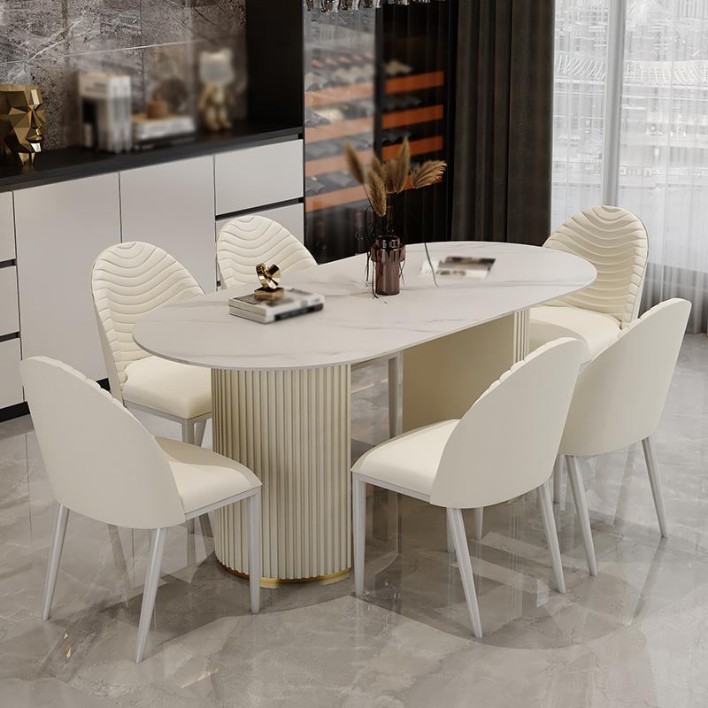 Contemporary Oval Dining Table Stone and Metal Double Pedestal Dining Table in White White 78.7"L x 31.5"W x 29.5"H Without Chairs Clearhalo 'Dining Tables & Seating' 'Dining Tables' 'dining_table' 'furn' 'furn_dining_table' 'Furniture' 'furniture_dining_table' 'Kitchen & Dining Furniture' 5086040