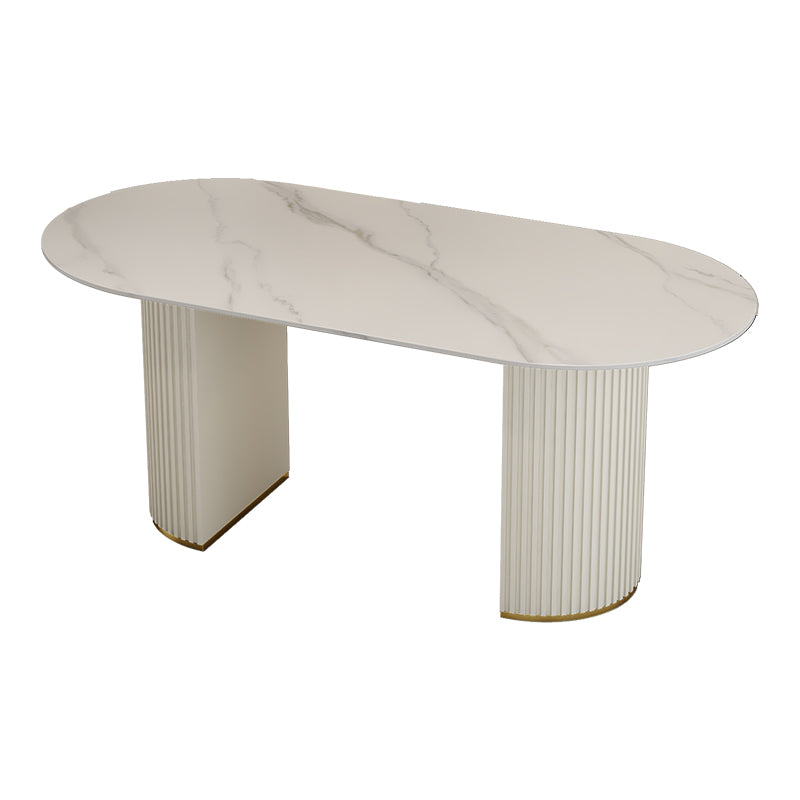 Contemporary Oval Dining Table Stone and Metal Double Pedestal Dining Table in White Clearhalo 'Dining Tables & Seating' 'Dining Tables' 'dining_table' 'furn' 'furn_dining_table' 'Furniture' 'furniture_dining_table' 'Kitchen & Dining Furniture' 5086041