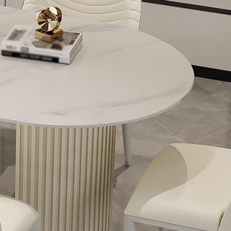 Contemporary Oval Dining Table Stone and Metal Double Pedestal Dining Table in White Clearhalo 'Dining Tables & Seating' 'Dining Tables' 'dining_table' 'furn' 'furn_dining_table' 'Furniture' 'furniture_dining_table' 'Kitchen & Dining Furniture' 5086042