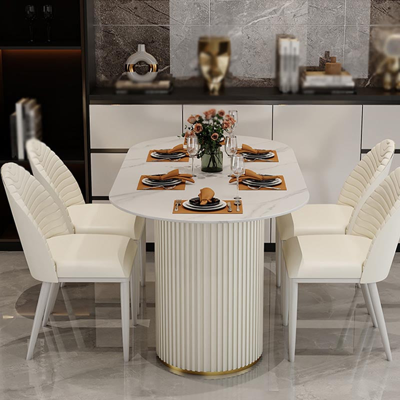 Contemporary Oval Dining Table Stone and Metal Double Pedestal Dining Table in White Clearhalo 'Dining Tables & Seating' 'Dining Tables' 'dining_table' 'furn' 'furn_dining_table' 'Furniture' 'furniture_dining_table' 'Kitchen & Dining Furniture' 5086047