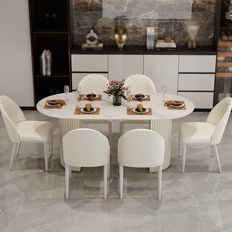 Contemporary Oval Dining Table Stone and Metal Double Pedestal Dining Table in White Clearhalo 'Dining Tables & Seating' 'Dining Tables' 'dining_table' 'furn' 'furn_dining_table' 'Furniture' 'furniture_dining_table' 'Kitchen & Dining Furniture' 5086048