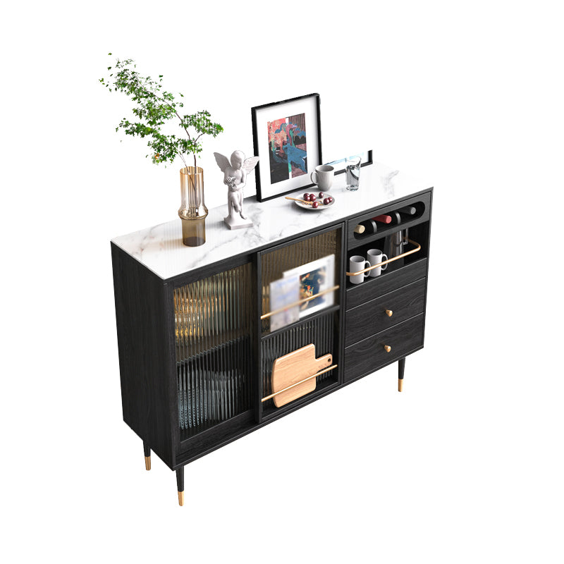 2-Drawer Engineered Wood Sideboard Glam Glass Sliding Doors Credenza with Stone Countertop 47"L x 16"W x 35"H Black Stone Clearhalo 'buffet_sideboard' 'Buffets & Sideboards' 'furn' 'furn_buffet_sideboard' 'Furniture' 'furniture_buffet_sideboard' 'Kitchen & Dining Furniture' 5087387