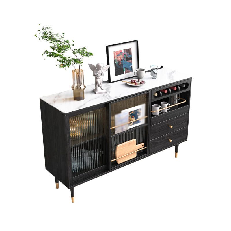 2-Drawer Engineered Wood Sideboard Glam Glass Sliding Doors Credenza with Stone Countertop 55"L x 16"W x 35"H Black Stone Clearhalo 'buffet_sideboard' 'Buffets & Sideboards' 'furn' 'furn_buffet_sideboard' 'Furniture' 'furniture_buffet_sideboard' 'Kitchen & Dining Furniture' 5087388