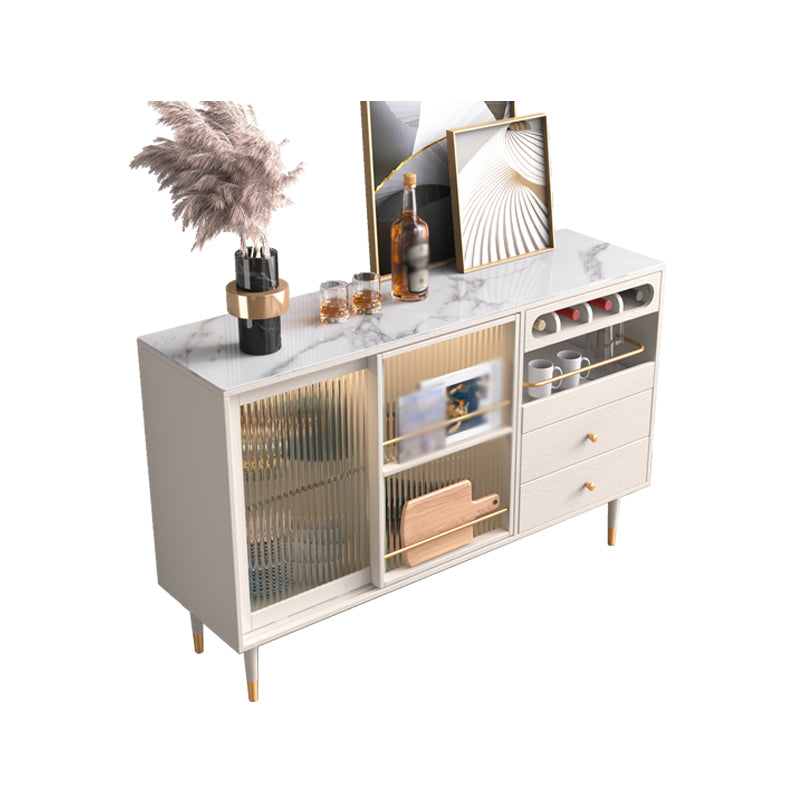 2-Drawer Engineered Wood Sideboard Glam Glass Sliding Doors Credenza with Stone Countertop 55"L x 16"W x 35"H White Stone Clearhalo 'buffet_sideboard' 'Buffets & Sideboards' 'furn' 'furn_buffet_sideboard' 'Furniture' 'furniture_buffet_sideboard' 'Kitchen & Dining Furniture' 5087392